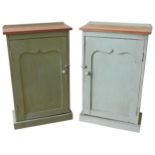 A PAIR OF FRENCH PINE SIDE CUPBOARDS, LATE 19TH CENTURY, painted in pale green, elegant arch panel