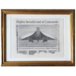 HUGH MENDES (b.1955) PENCIL DRAWING OF CONCORDE PRESS CLIPPING (2003) signed and dated verso '