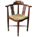 A MAHOGANY CORNER CHAIR, EARLY 20TH CENTURY, with pierced inlaid splats and string inlay to the