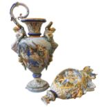 AN IMPOSING MAJOLLICA STYLE AMPHORA VASE AND EWER, EARLY 20TH CENTURY, decorated with Neo