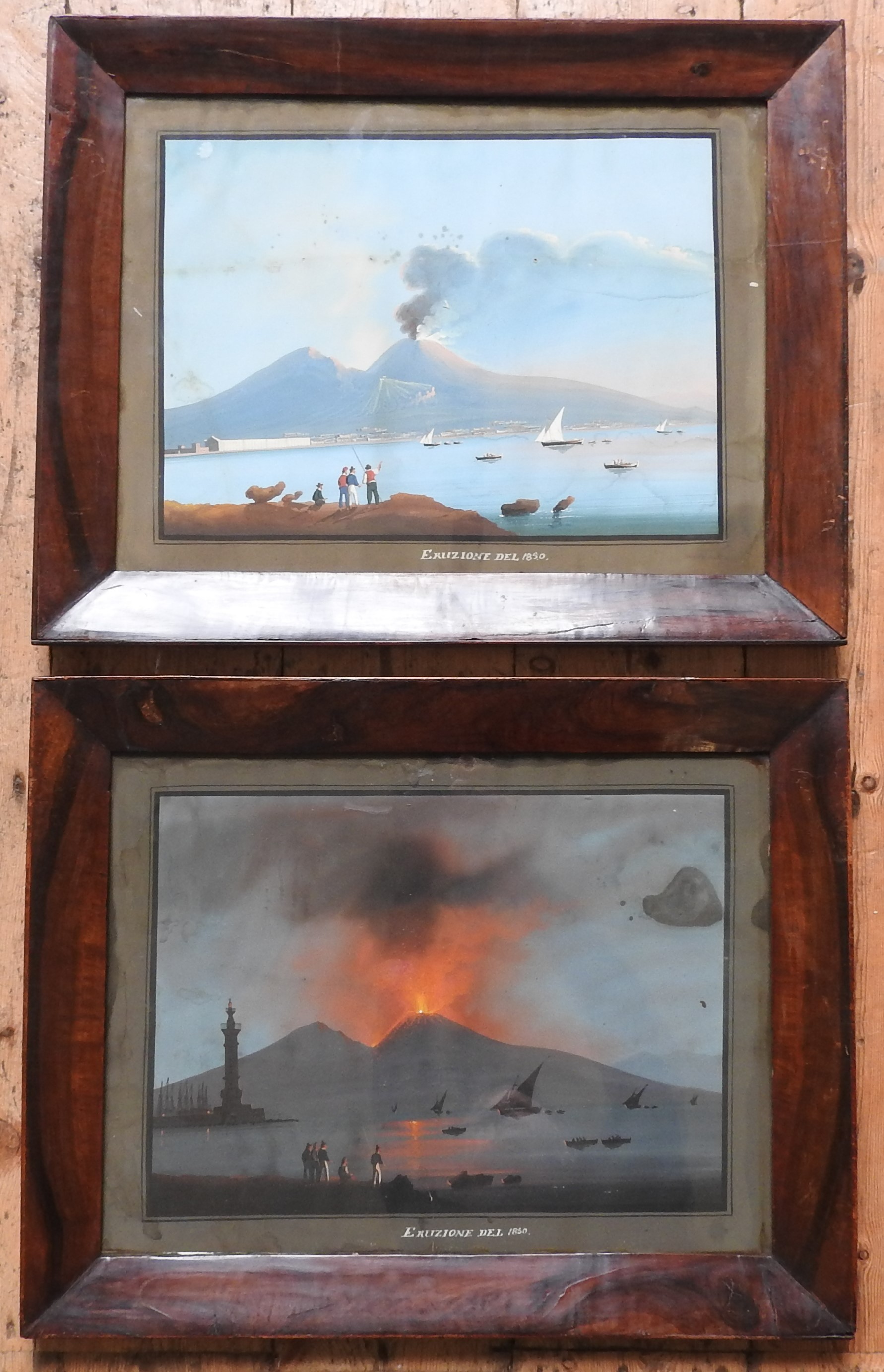 A PAIR OF 19TH CENTURY GOUACHE PAINTINGS, depicting the eruption of Mount Vesuvius, as seen from