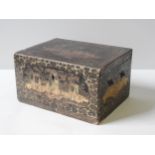 A LARGE CHINESE EXPORT CANTON TEA CADDY BOX, black lacquer with gilded foliate decoration each panel
