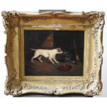 A 19TH OIL PAINTING OF A DOG AND CAT IN A YARD SETTING, next to a broom and pail, artist unknown,