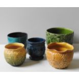 A COLLECTION OF FIVE VARIOUS CERAMIC JARDINIERES, 20TH CENTURY, including one by Needham, amber,