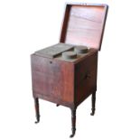 A REGENCY MAHOGANY TEAPOY, CIRCA 1820, simplistic square form, the hinged top enclosing zinc