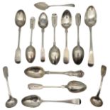 A COLLECTION OF THIRTEEN GEORGE III AND VICTORIAN SILVER SPOONS, the lot comprising of mostly fiddle