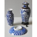 A CHINESE BLUE AND WHITE BALUSTER VASE WITH COVER, along with a blue & white cover and a smaller