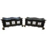 A PAIR OF 19TH CENTURY EBONISED JARDINIERES INSET WITH FAMILLE ROSE PANELS, elegant gilded scroll