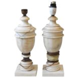 A PAIR OF VINTAGE ALABASTER TABLE LAMPS, EARLY 20TH CENTURY, urn form with turned stepped tops and