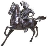 A LARGE JAPANESE BRONZE FIGURE OF SAMURAI ON HORSEBACK TAISHO / SHOWA PERIOD, SIGNED SHOUN SAKU