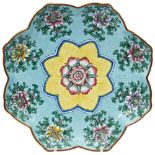 CANTON ENAMEL FAMILLE ROSE 'LOTUS' DISH LATE QING DYNASTY the shaped dish decorated with lotus