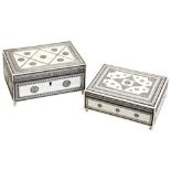 TWO ANGLO-INDIAN SADELI-WARE SANDALWOOD, IVORY AND SILVER INLAID BOXES 19TH CENTURY the exteriors