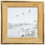 JAPANESE 'WINTER SCENE' PORCELAIN PLAQUE MEIJI / TAISHO PERIOD painted with a mountain river