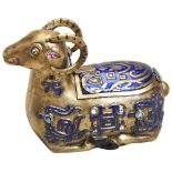 AN ARCHAISTIC GILT-METAL AND ENAMEL RAM-FORM BOX LATE QING DYNASTY modelled as a recumbent ram