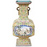 RARE CANTON ENAMEL ‘EUROPEAN SUBJECT’ VASE QIANLONG SEAL MARK AND OF THE PERIOD of square baluster