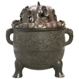 LARGE AND IMPRESSIVE ARCHAISTIC BRONZE TRIPOD CENSER LATE MING DYNASTY, 17TH CENTURY of globular