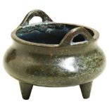 SMALL BRONZE TRIPOD CENSER QING DYNASTY, 19TH CENTURY of compressed globular form 11cm diam