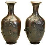 PAIR OF JAPANESE BRONZE VASES, SIGNED KEIUN MEIJI PERIOD (1868-1912) the sides cast in relief with