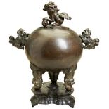 IMPRESSIVE INLAID BRONZE COVERED CENSER AND STAND, LATE QING DYNASTY the globular sides inlaid