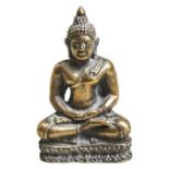 MINIATURE GILT-BRONZE BUDDHA 20TH CENTURY shown seated in dhyanasana on a double lotus base 3cm high