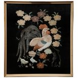 A JAPANESE SILK EMBROIDERED PANEL OF A COCKEREL TAISHO / SHOWA PERIOD depicting a cockerel and two