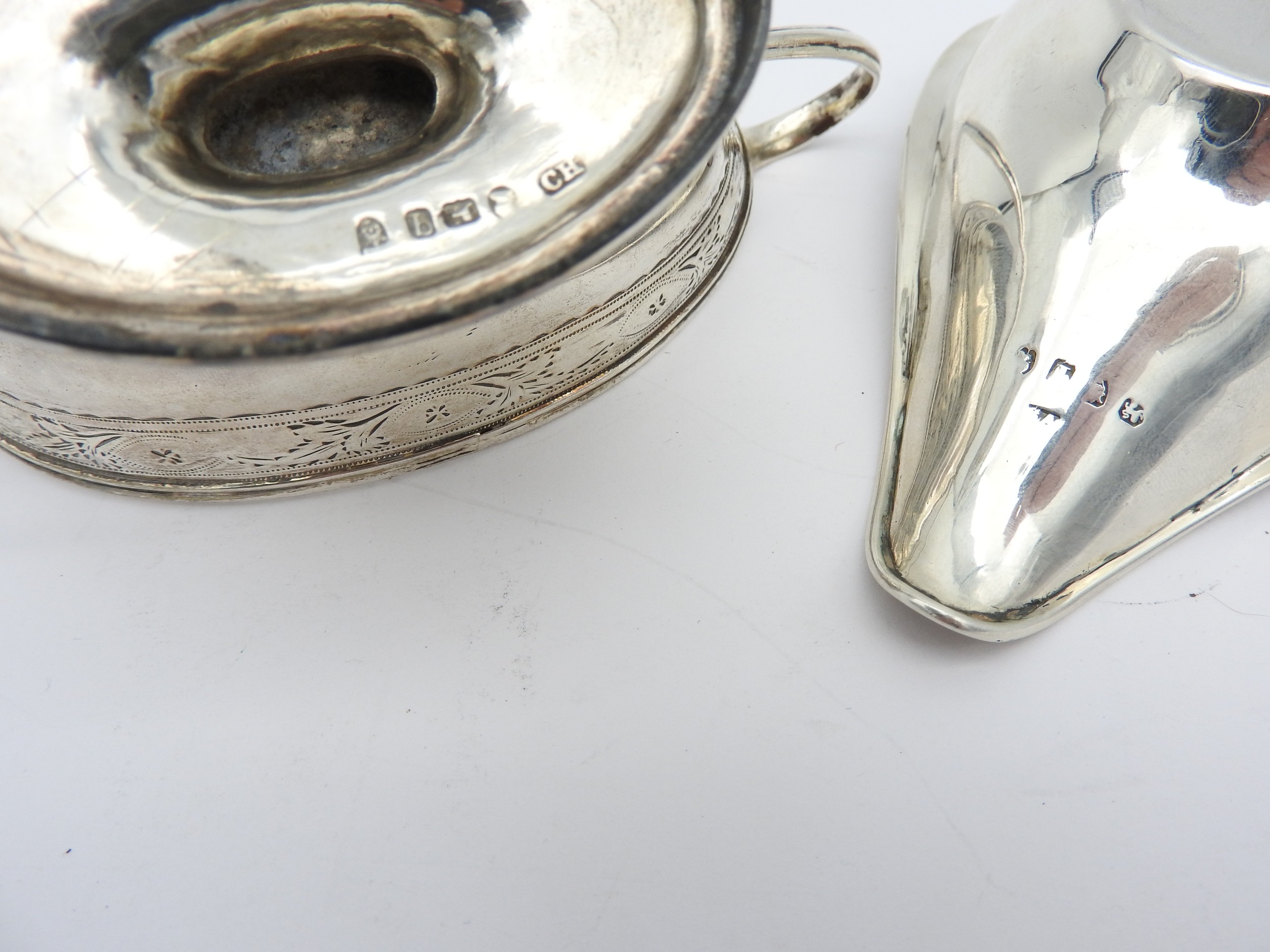 A GEORGE III SILVER TWO HANDED SALT AND A SILVER PAP BOAT, the elegant salt of oval form with bright - Image 2 of 2