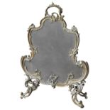 A FRENCH 19TH CENTURY BRASS & IRON CARTOUCHE SPARK GUARD, in the Rococo style, raised on four ornate