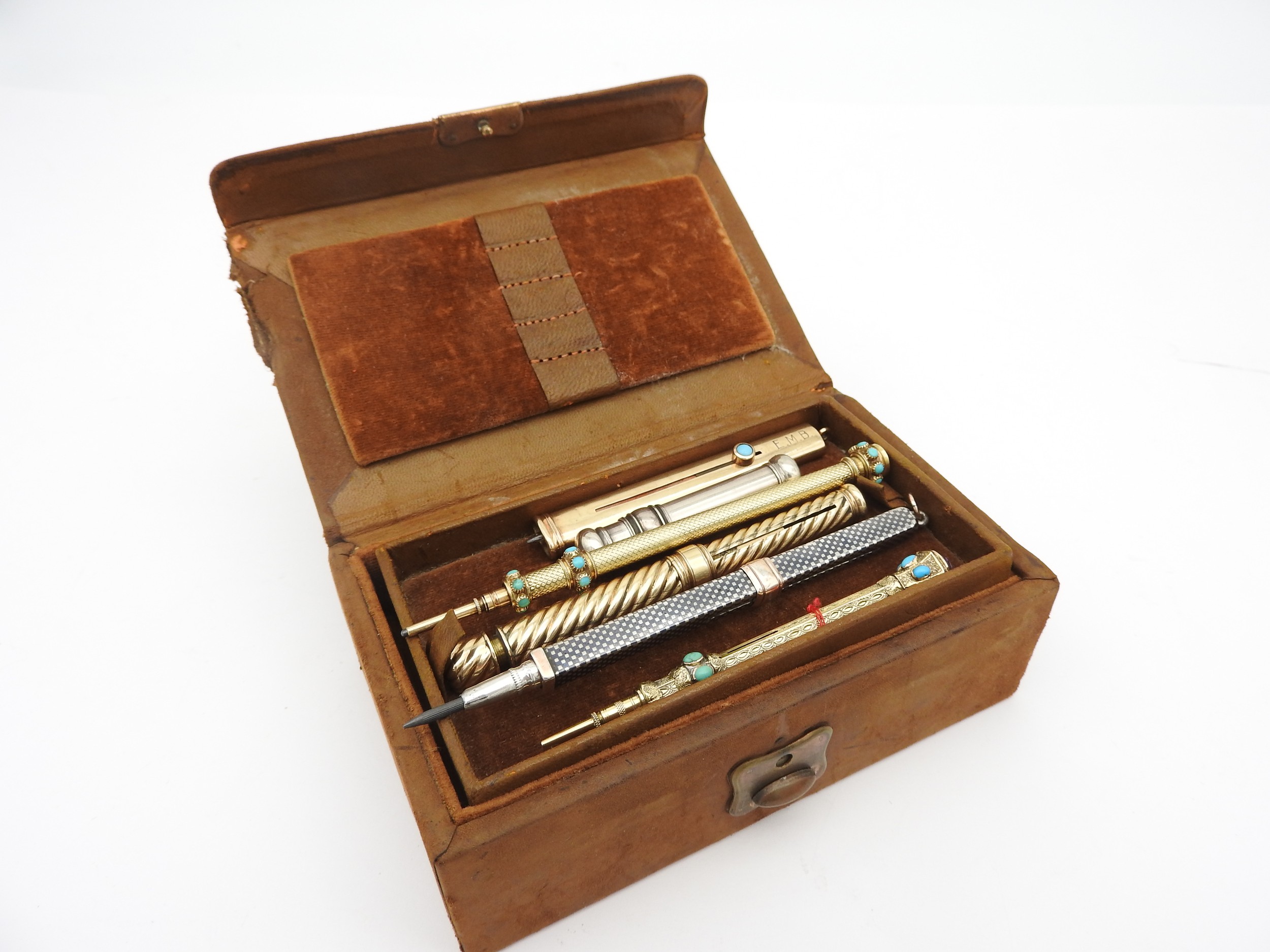 A GROUP OF SIX PROPELLING PENCILS, the lot comprised of a gold turquoise set pencil, an S. Mordan