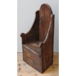 AN ELM PANELLED CHILD'S SHEPHERD CHAIR, panel construction, some 18th century , simplistic rustic