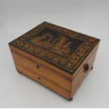 A REGENCY PENWORK BOX, CIRCA 1820, the lid of the pine box illustrated with a Neoclassical scene