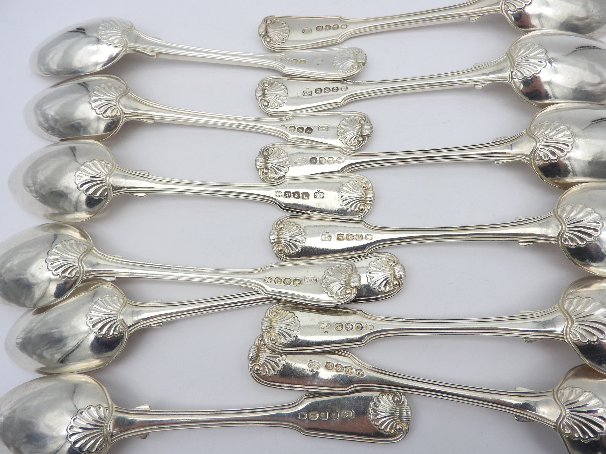 A SET OF TWELVE GEORGE III SILVER DESSERT SPOONS, threaded fiddle pattern with shell decoration, - Image 2 of 2