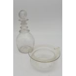 A LATE 18TH CENTURY TRIPLE RING GLASS DECANTER WITH PRESS MOULDED CIRCULAR STOPPER, the body later