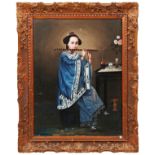 19TH CENTURY ANGLO-CHINESE INTERIOR PAINTING OF A LADY PLAYING A FLUTE Oil on canvas. 59cm x 45cm