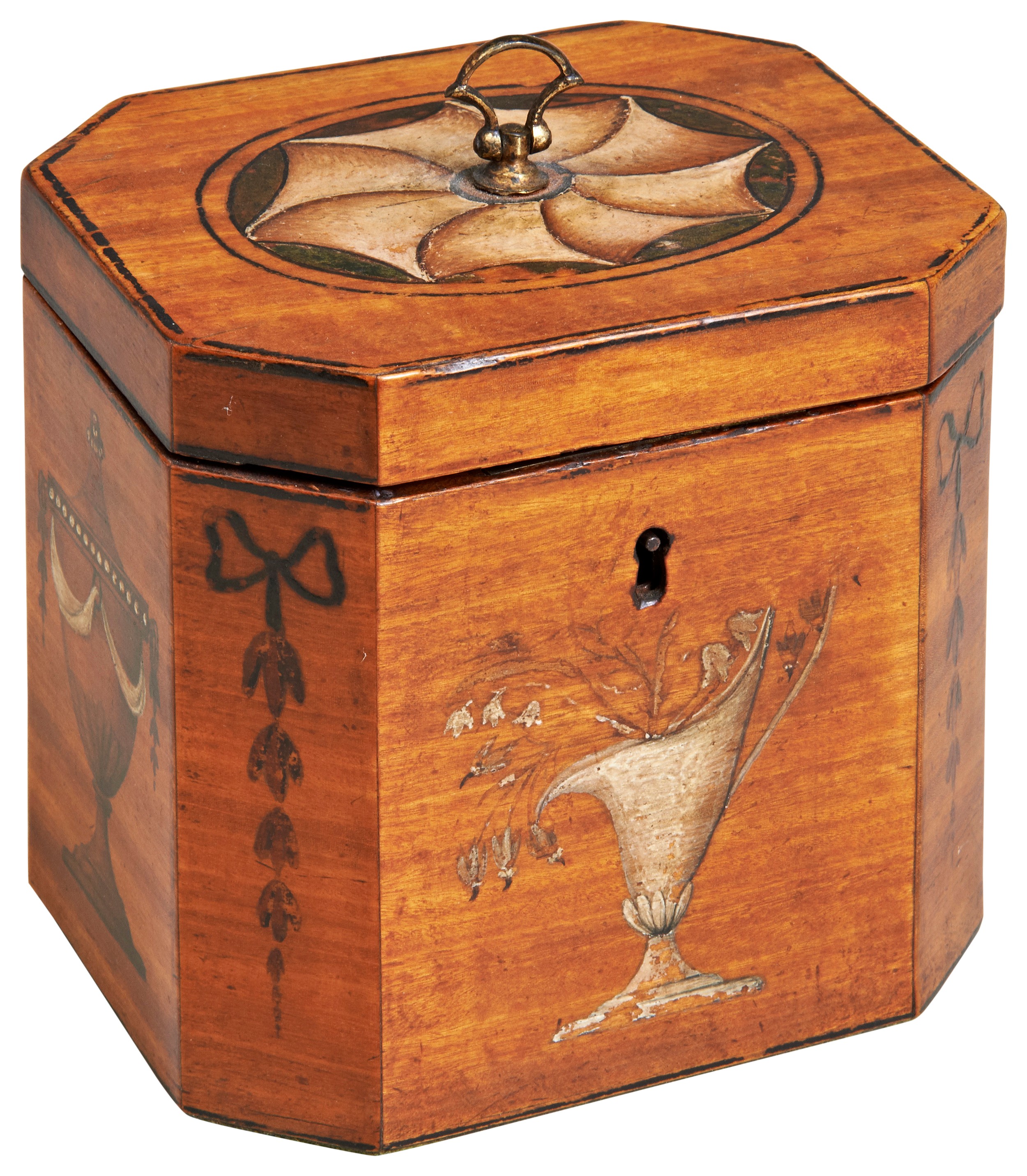 A GEORGE III SATINWOOD TEA CADDY, CIRCA 1800, square form with canted corners, the hinged lid