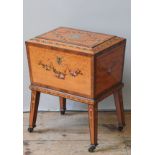A REGENCY CROSS BANDED SATIN WOOD WORK BOX ON STAND, sarcophagus form with painted decoration