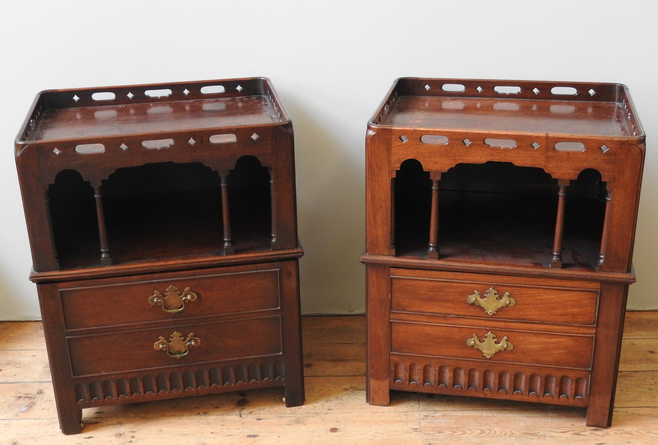 AN UNUSUAL NEAR PAIR OF GEORGE III MAHOGANY NIGHT COMMODES, CIRCA 1780, both adapted as bedside