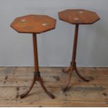 A PAIR OF LATE 18TH / EARLY 19TH CENTURY SATIN WOOD WINE TABLES, the octagonal tops hand painted