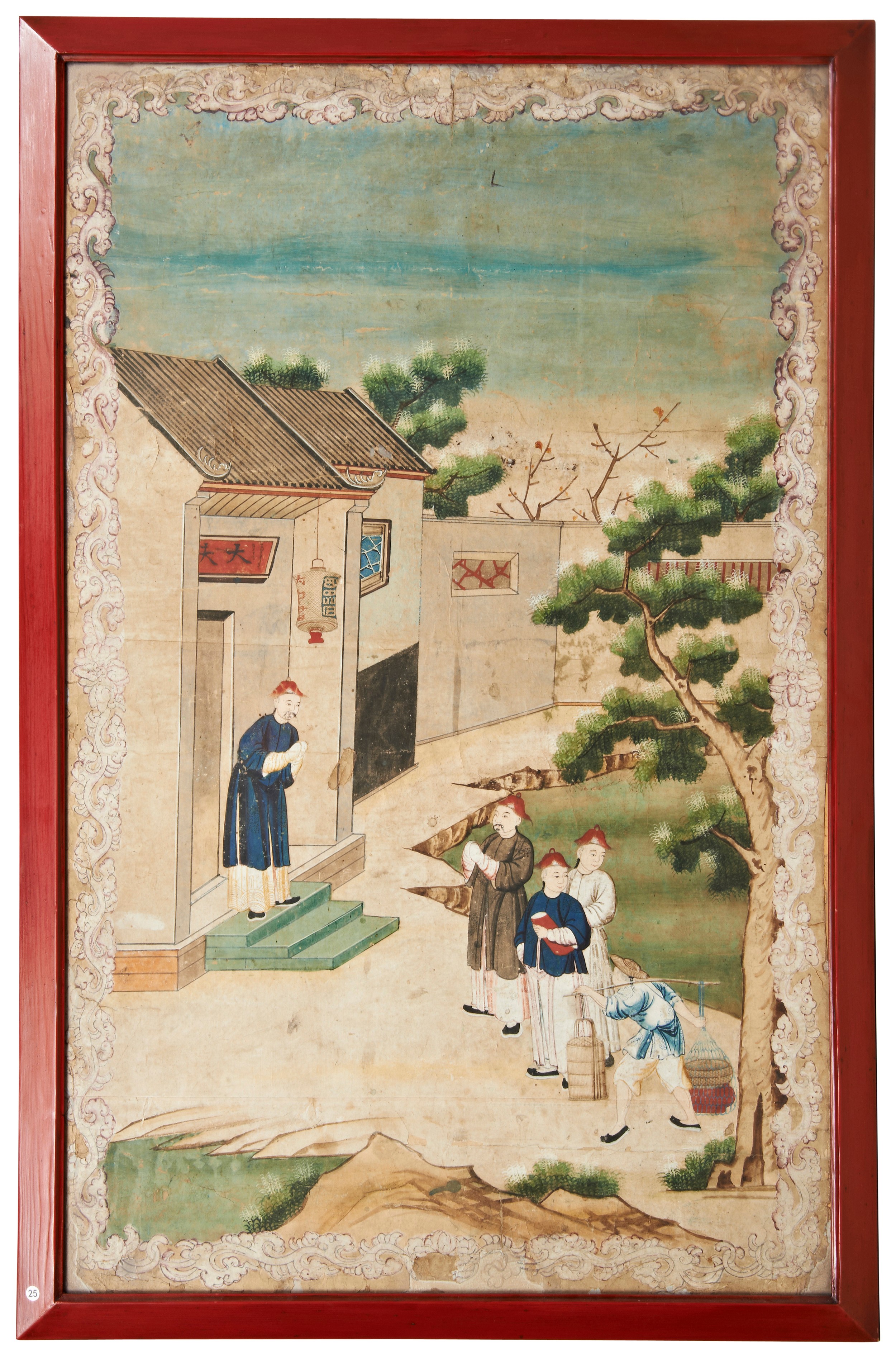 SET OF FOUR DECORATIVE 18TH CENTURY CHINESE WATERCOLOUR WALLPAPER PANELS, in red frames with - Image 4 of 4