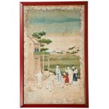SET OF FOUR DECORATIVE 18TH CENTURY CHINESE WATERCOLOUR WALLPAPER PANELS, in red frames with