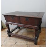 A CHINESE STYLE HARDWOOD CENTRE TABLE, EARLY 19TH CENTURY, the top panel with rectangular frame