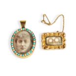 AN 9CT GOLD OVAL PORTRAIT PENDANT AND A 9CT GOLD MOURNING BROOCH, the oval pendant with a