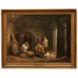 GEORGE MORLAND (1762/63 - 1804), INTERIOR OF A STABLE, PLAYING CARDS Oil on canvas. Signed left hand