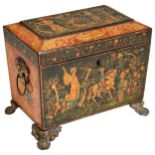 A REGENCY PENWORK TEA CADDY, CIRCA 1800, of sarcophagus form, the front, back and cover panel