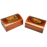 A NEAR PAIR OF GEORGE III ROSEWOOD AND SATINWOOD CROSSBANDED BOXES, with hinged dome top covers,