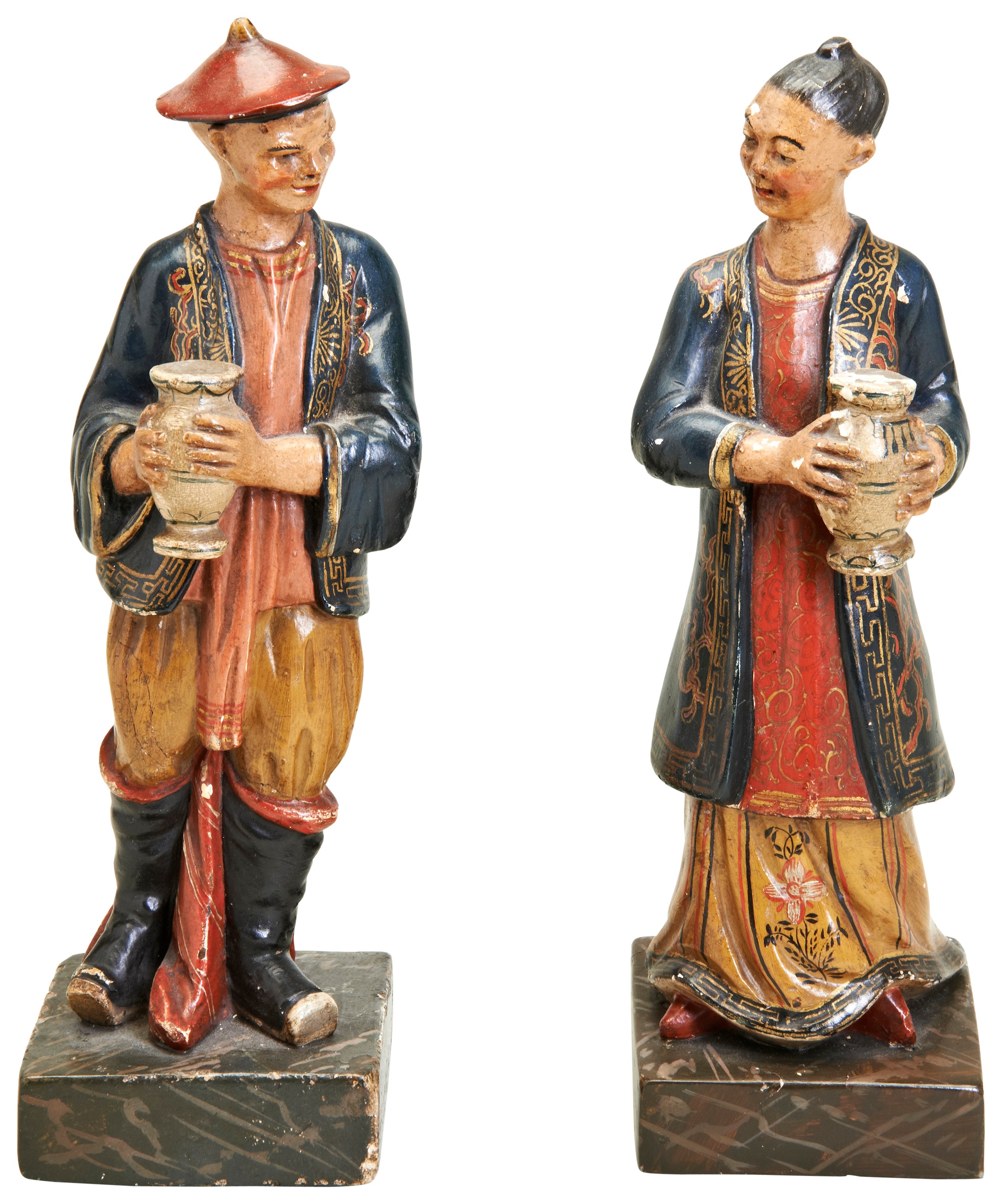 A PAIR OR CHINESE PAINTED PLASTER FIGURES, EARLY 19TH CENTURY, the standing male and female