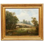 19TH CENTURY ENGLISH SCHOOL, 'A VILLAGE CRICKET MATCH UNDER THE NORTH DOWNS' Oil on canvas