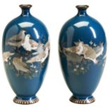 A FINE PAIR JAPANESE CLOISONNE VASES MEIJI PERIOD (1868-1912) worked in gold and silver wire with