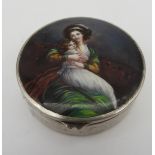 A VINTAGE PORTRAIT DECORATED ROUGE POT, CIRCA 1930, 'alpacca' white metal, circular form, the hinged