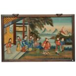 A CHINESE REVERSE GLASS PAINTING, 19TH CENTURY, depicting dignitaries, ladies and an attendant in