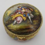 A VINTAGE FRENCH ENAMELLED GILT METAL POT, the domed hinged lid decorated with a romantic scene,